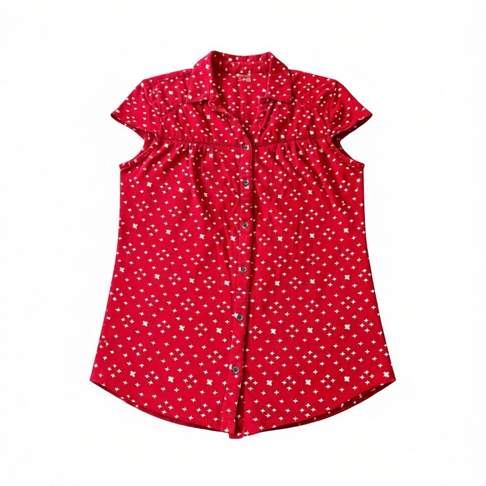 Ruff Hewn Red Star Print Button Front Cap Sleeve Blouse Small